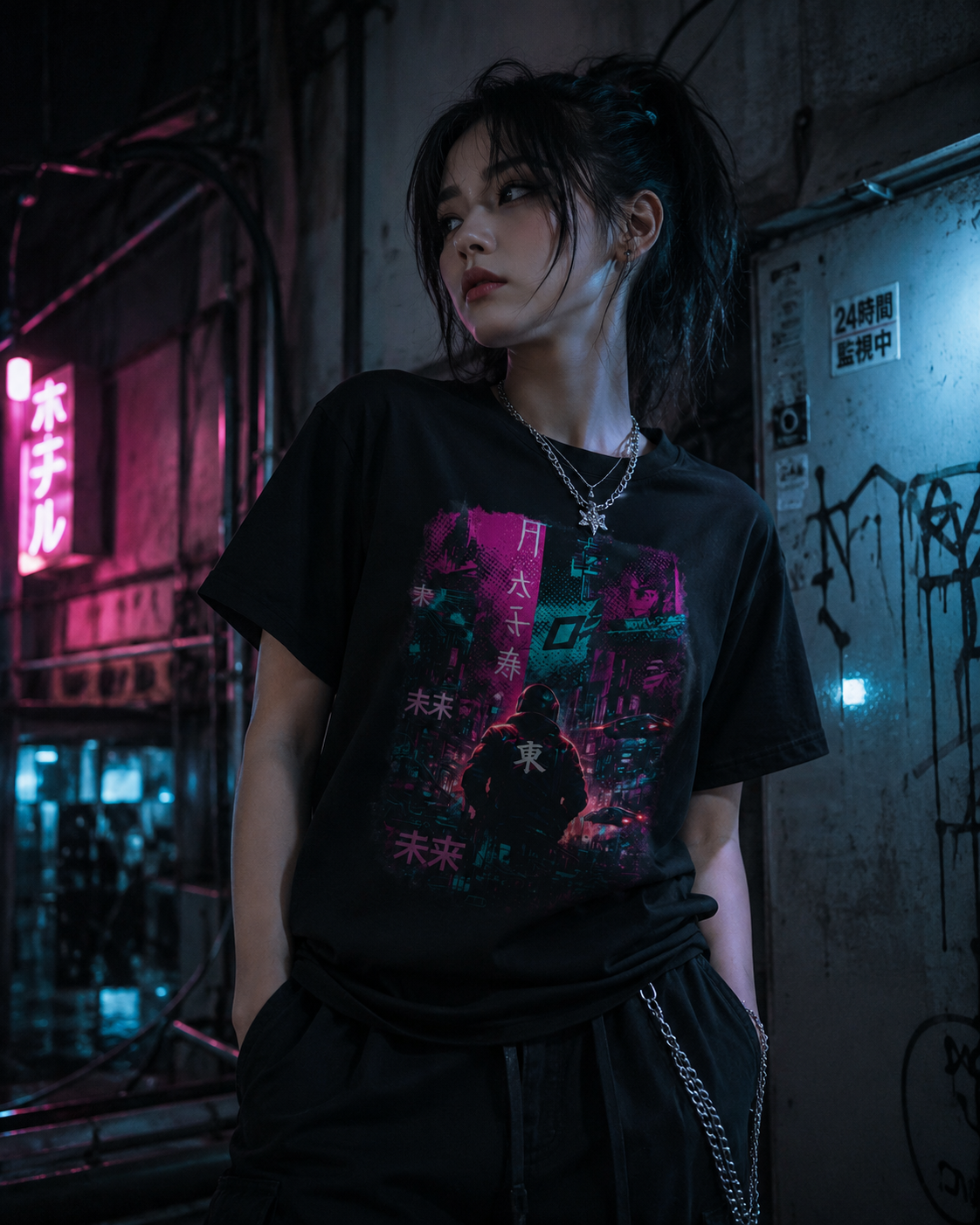 Cyberpunk Tokyo Night T-Shirt — Neon Kanji Future City Graphic Tee