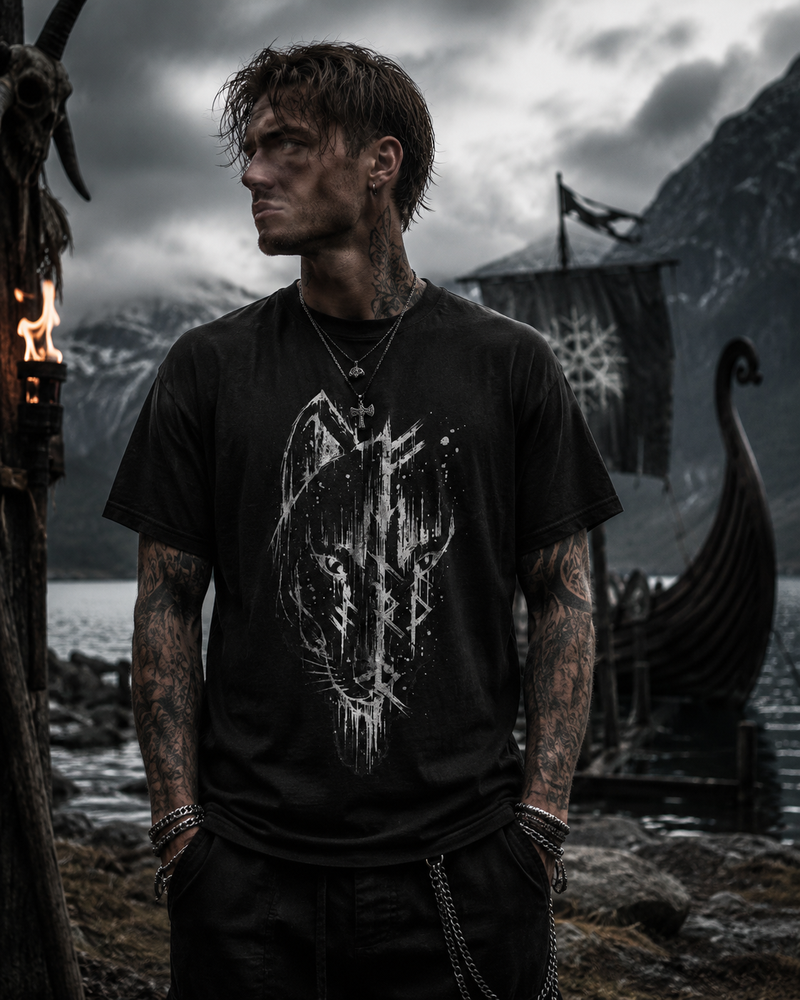 Wolf Head Graphic T‑Shirt — Distressed Black Ink Forest Vibe